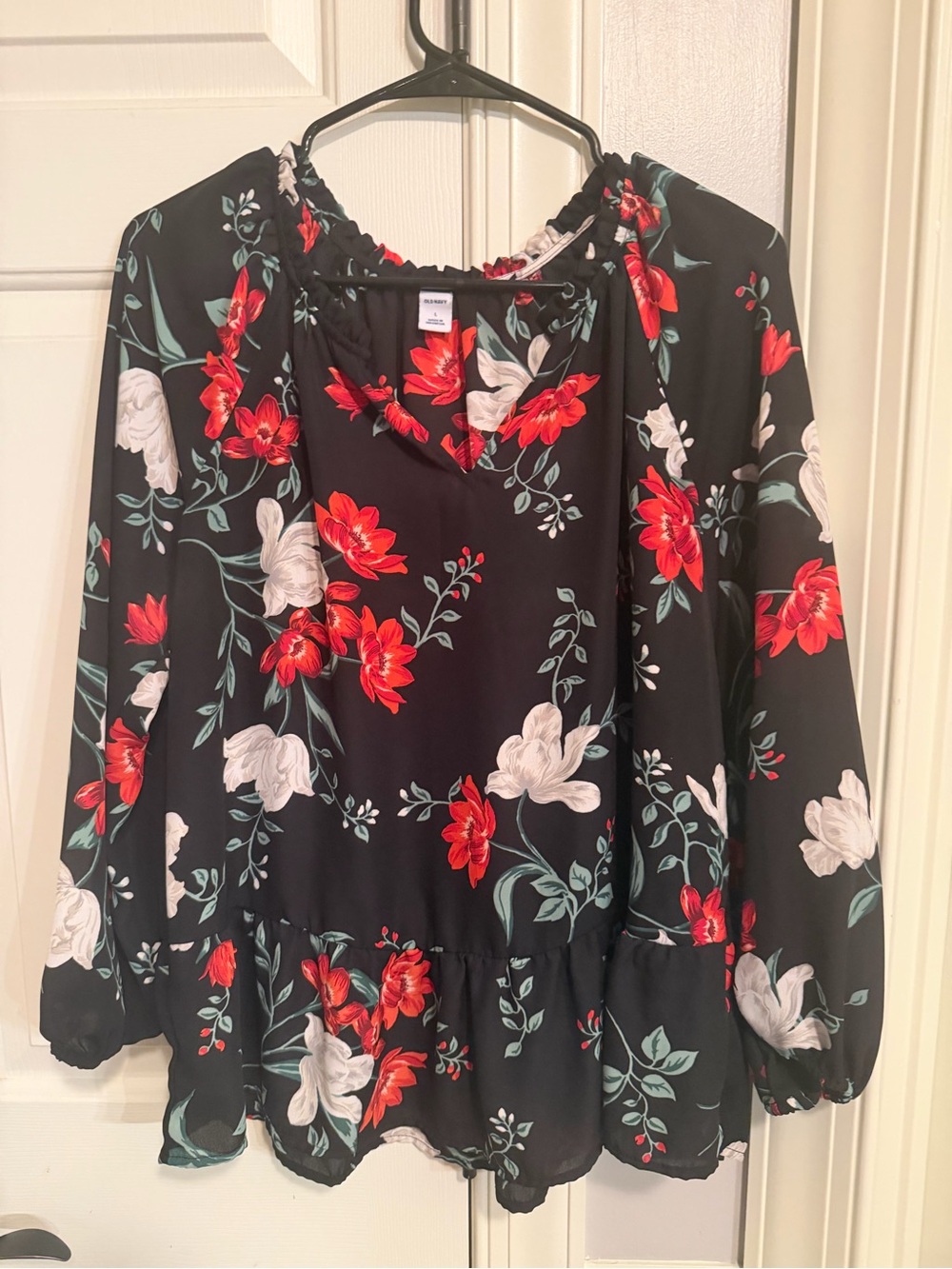 Old Navy Black Floral Long-Sleeve Peasant Blouse with Red & White Flowers